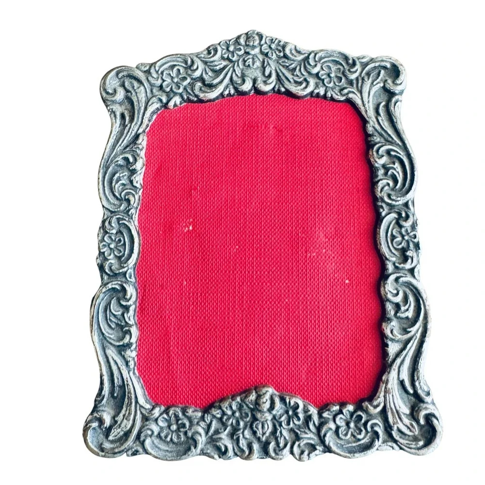 Vintage Ornate Silver Tone Metal Floral Scroll 4x5 Miniature Picture Frame